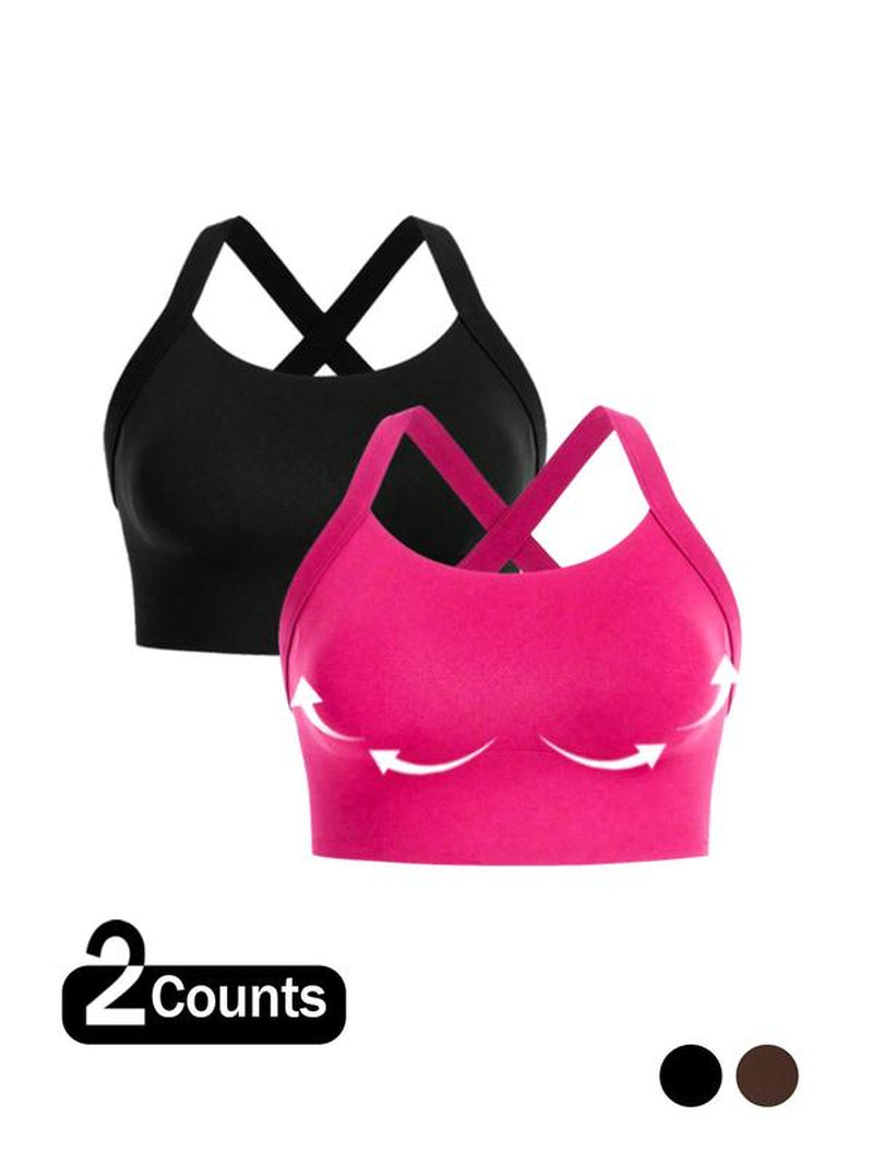 【Plus Size】 Solid Criss Cross Hook and Eye Sports Bra, Breathable Comfortable High Stretch Workout Bras for Yoga Gym Workout, Women'S Sport & Outdoor Clothing for All Seasons, Solid Textured Bra