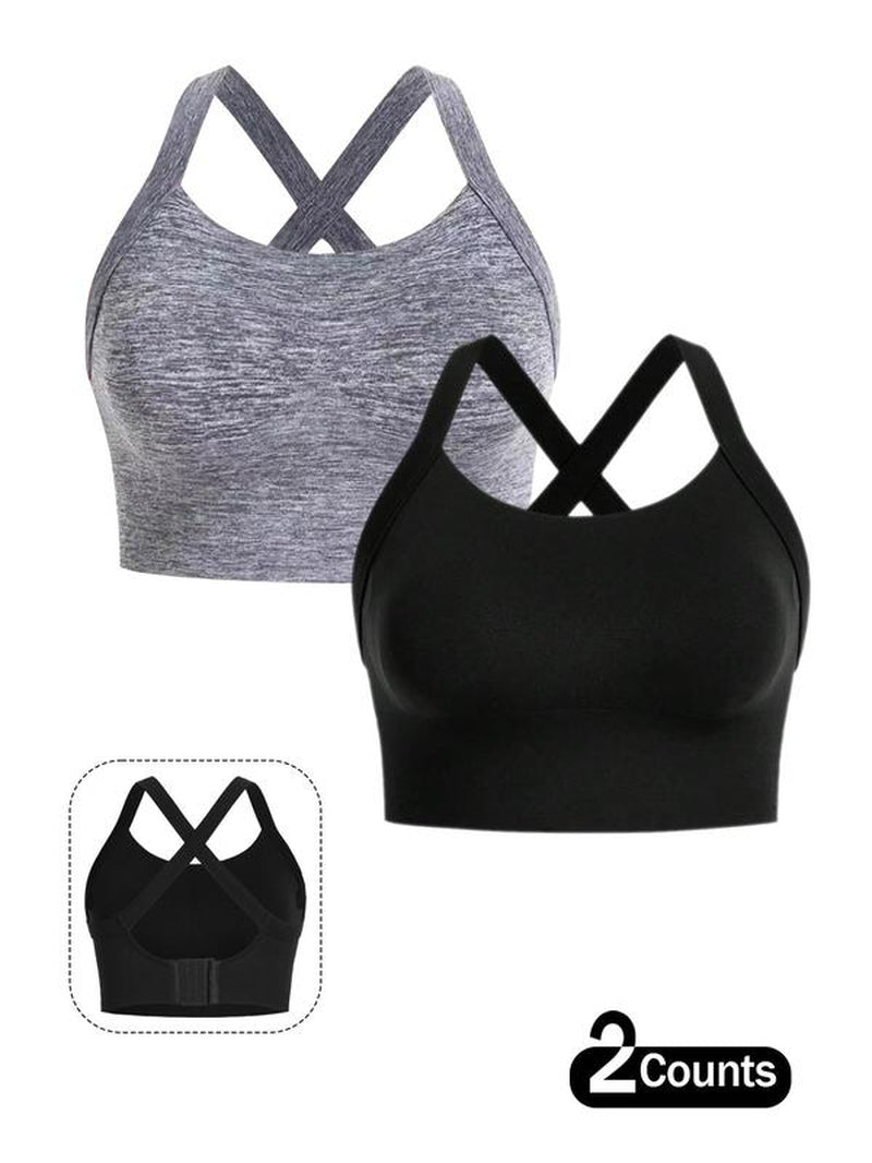 【Plus Size】 Solid Criss Cross Hook and Eye Sports Bra, Breathable Comfortable High Stretch Workout Bras for Yoga Gym Workout, Women'S Sport & Outdoor Clothing for All Seasons, Solid Textured Bra