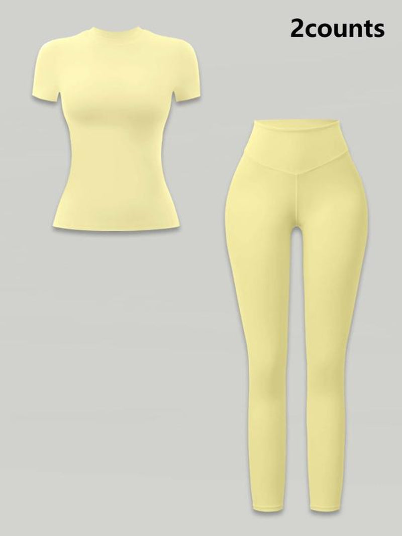 Women'S Two-Piece Solid Ribbed Long Sleeve Tee & Leggings Sport Set, Casual Breathable Quick-Drying T-Shirt & Skinny Pants Set for Yoga Gym, Ladies Sportswear for All Seasons, Workout Running Clothes, Gym Outfits