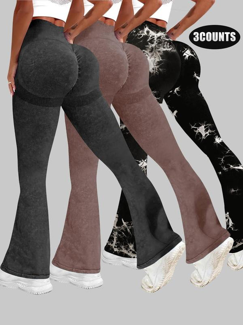 Women'S High Waist Ruched Sports Leggings, Solid Color Flare Leg Yoga Pants, Ladies Sportswear for Indoor Outdoor Wear