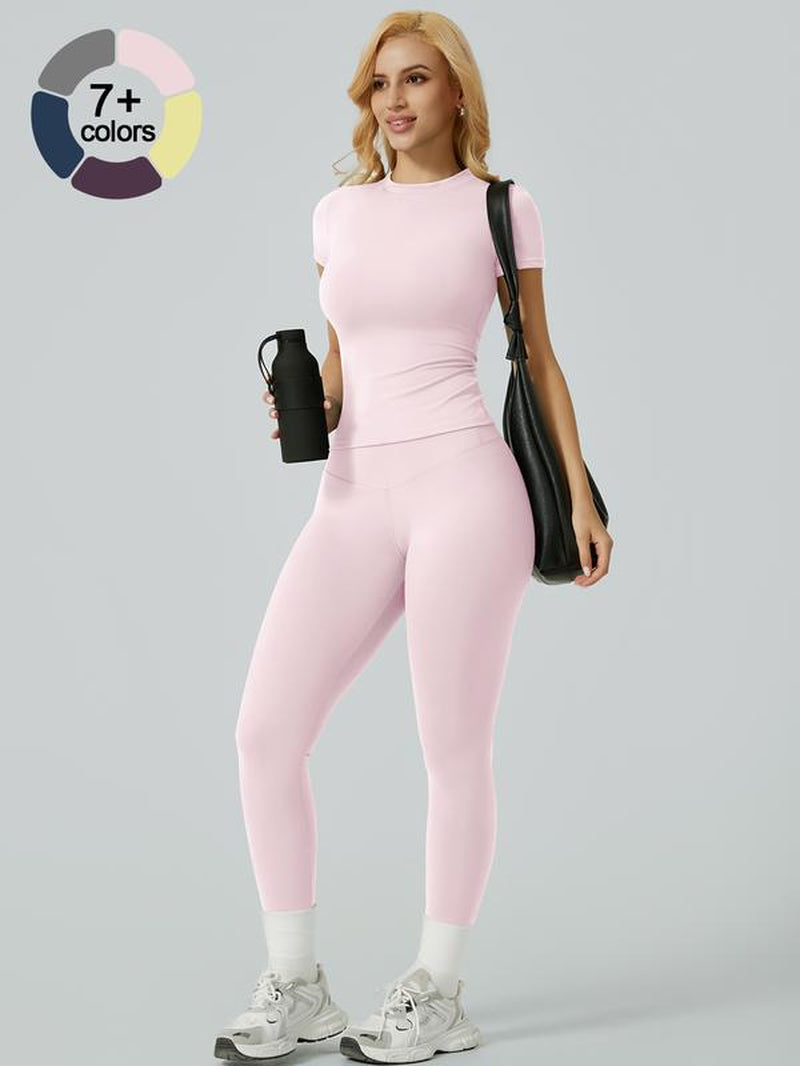 Women'S Two-Piece Solid Ribbed Long Sleeve Tee & Leggings Sport Set, Casual Breathable Quick-Drying T-Shirt & Skinny Pants Set for Yoga Gym, Ladies Sportswear for All Seasons, Workout Running Clothes, Gym Outfits
