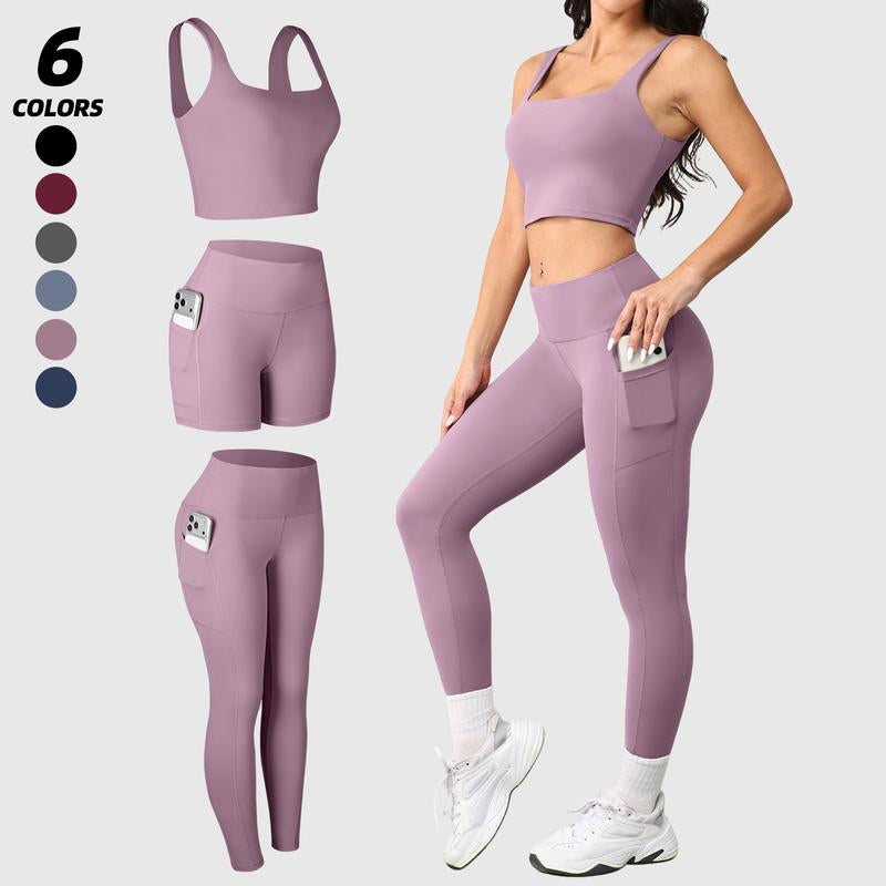 CHRLEISURE 3 Piece Workout Sets for Women High Waisted Leggings with Pockets Tummy Control Biker Shorts Yoga Sports Bra