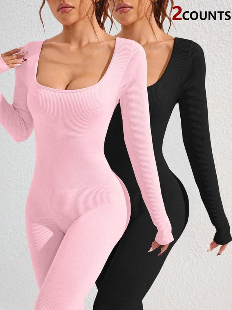 Women'S Basic Solid Long Sleeve Sports Jumpsuit, High Waist Square Neck Bodycon Jumpsuit for Yoga Gym Workout, Ladies Sportswear Clothing for All Seasons, Workout Jumpsuits