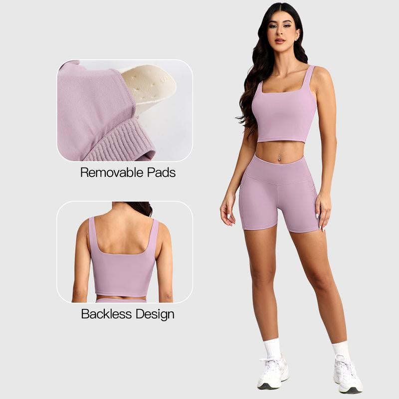 CHRLEISURE 3 Piece Workout Sets for Women High Waisted Leggings with Pockets Tummy Control Biker Shorts Yoga Sports Bra