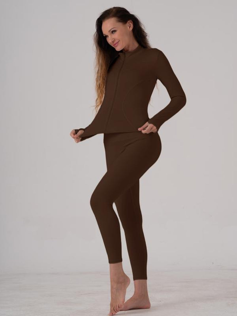 Women'S Two-Piece Solid Zip up Mock Neck Sports Jacket & High Waist Leggings Set, Sporty Breathable Quick-Drying Outfits, Tracksuit Set for Yoga, Gym Workout and Running, Valentine'S Day Gift for Girl, Ladies Sportswear for All Seasons