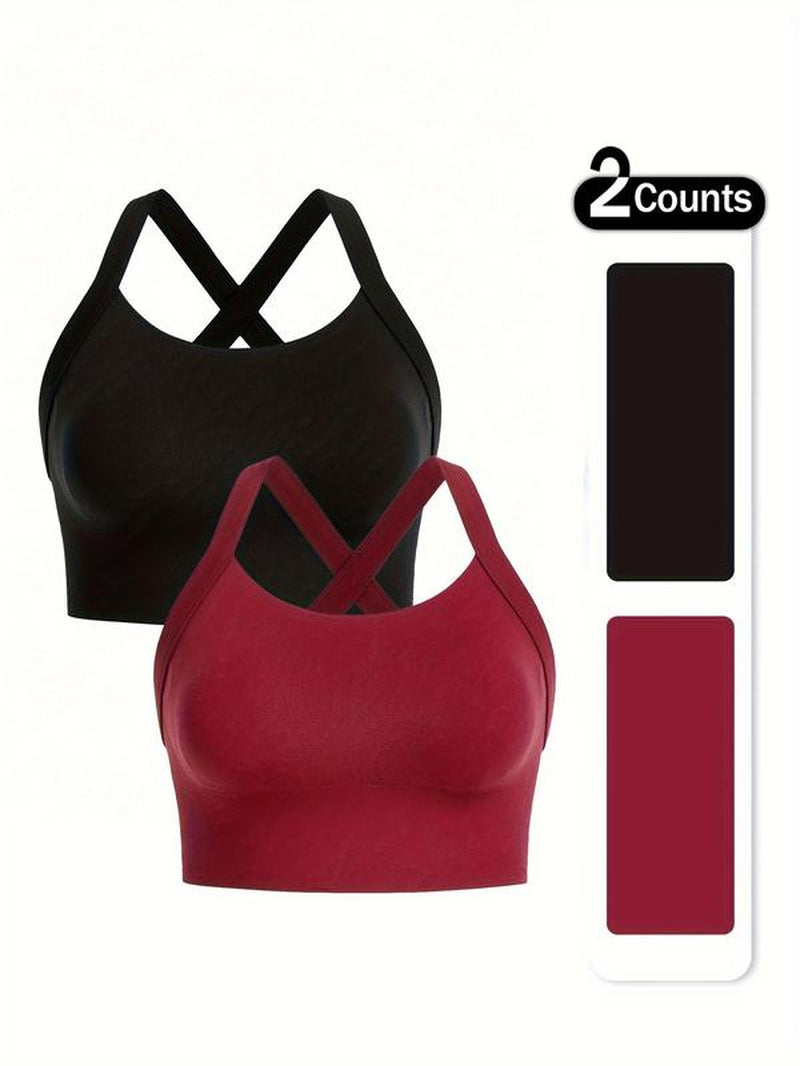 【Plus Size】 Solid Criss Cross Hook and Eye Sports Bra, Breathable Comfortable High Stretch Workout Bras for Yoga Gym Workout, Women'S Sport & Outdoor Clothing for All Seasons, Solid Textured Bra