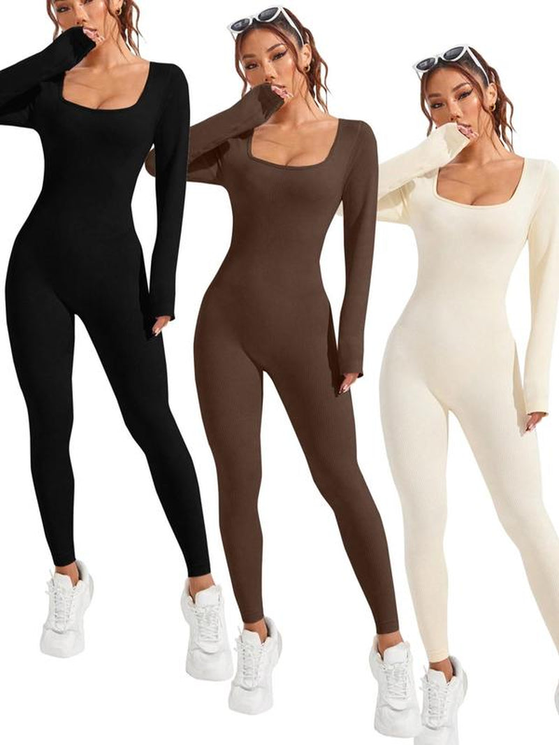 Women'S Basic Solid Long Sleeve Sports Jumpsuit, High Waist Square Neck Bodycon Jumpsuit for Yoga Gym Workout, Ladies Sportswear Clothing for All Seasons, Workout Jumpsuits