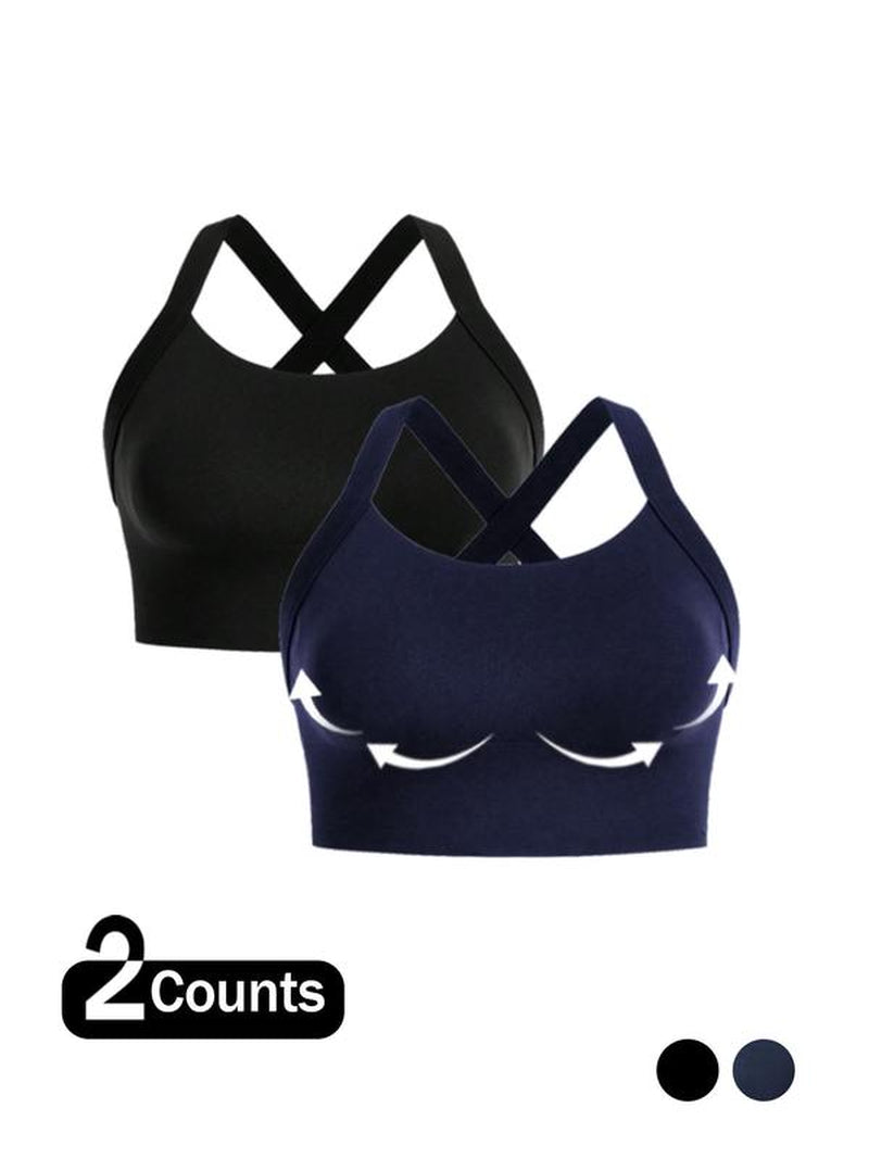 【Plus Size】 Solid Criss Cross Hook and Eye Sports Bra, Breathable Comfortable High Stretch Workout Bras for Yoga Gym Workout, Women'S Sport & Outdoor Clothing for All Seasons, Solid Textured Bra