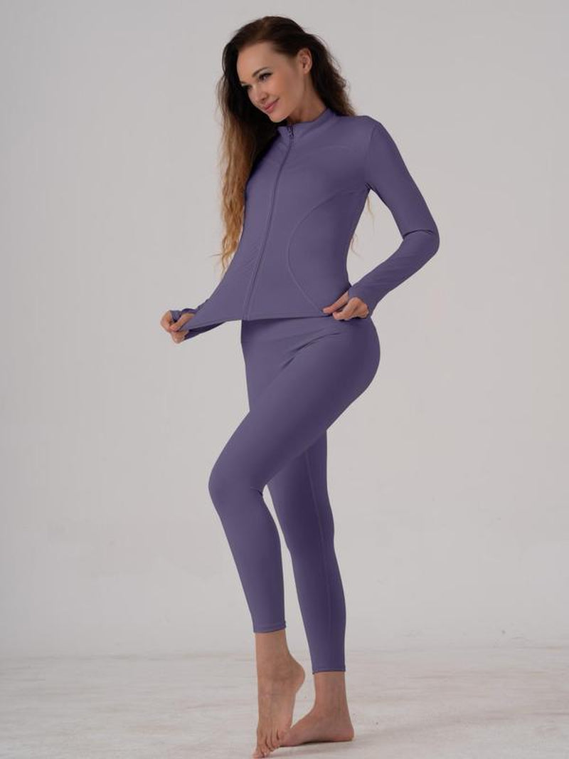 Women'S Two-Piece Solid Zip up Mock Neck Sports Jacket & High Waist Leggings Set, Sporty Breathable Quick-Drying Outfits, Tracksuit Set for Yoga, Gym Workout and Running, Valentine'S Day Gift for Girl, Ladies Sportswear for All Seasons