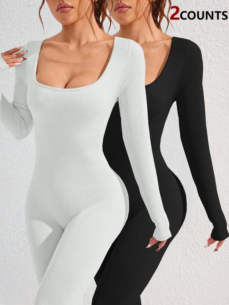 Women'S Basic Solid Long Sleeve Sports Jumpsuit, High Waist Square Neck Bodycon Jumpsuit for Yoga Gym Workout, Ladies Sportswear Clothing for All Seasons, Workout Jumpsuits