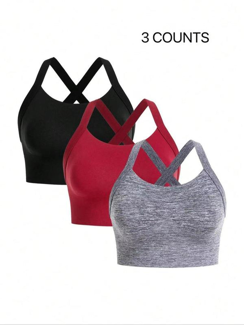 【Plus Size】 Solid Criss Cross Hook and Eye Sports Bra, Breathable Comfortable High Stretch Workout Bras for Yoga Gym Workout, Women'S Sport & Outdoor Clothing for All Seasons, Solid Textured Bra