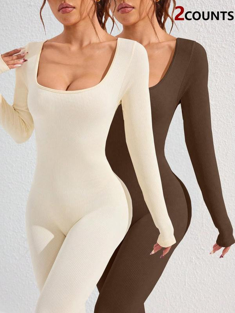 Women'S Basic Solid Long Sleeve Sports Jumpsuit, High Waist Square Neck Bodycon Jumpsuit for Yoga Gym Workout, Ladies Sportswear Clothing for All Seasons, Workout Jumpsuits