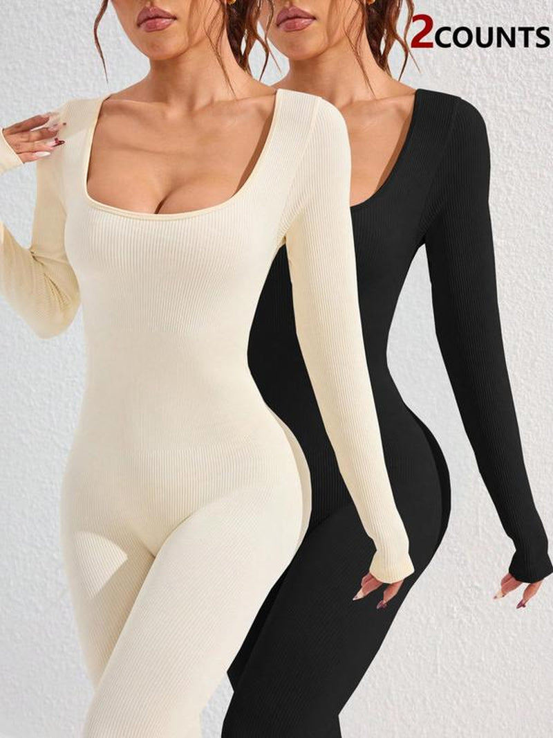 Women'S Basic Solid Long Sleeve Sports Jumpsuit, High Waist Square Neck Bodycon Jumpsuit for Yoga Gym Workout, Ladies Sportswear Clothing for All Seasons, Workout Jumpsuits