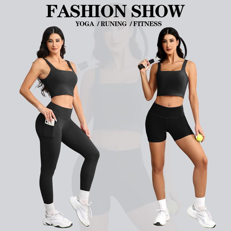 CHRLEISURE 3 Piece Workout Sets for Women High Waisted Leggings with Pockets Tummy Control Biker Shorts Yoga Sports Bra