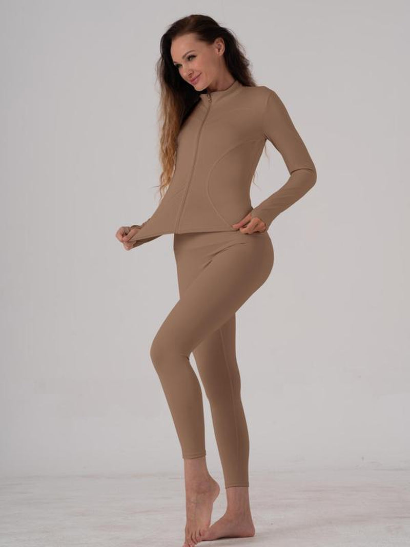 Women'S Two-Piece Solid Zip up Mock Neck Sports Jacket & High Waist Leggings Set, Sporty Breathable Quick-Drying Outfits, Tracksuit Set for Yoga, Gym Workout and Running, Valentine'S Day Gift for Girl, Ladies Sportswear for All Seasons