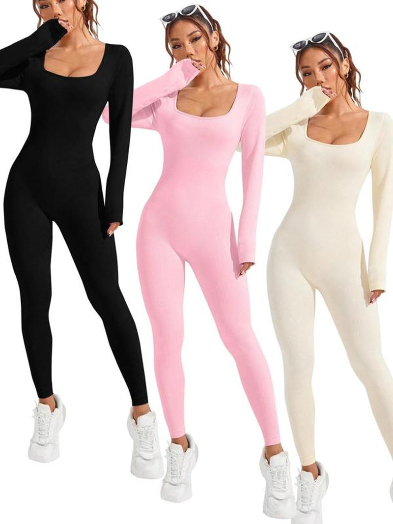 Women'S Basic Solid Long Sleeve Sports Jumpsuit, High Waist Square Neck Bodycon Jumpsuit for Yoga Gym Workout, Ladies Sportswear Clothing for All Seasons, Workout Jumpsuits
