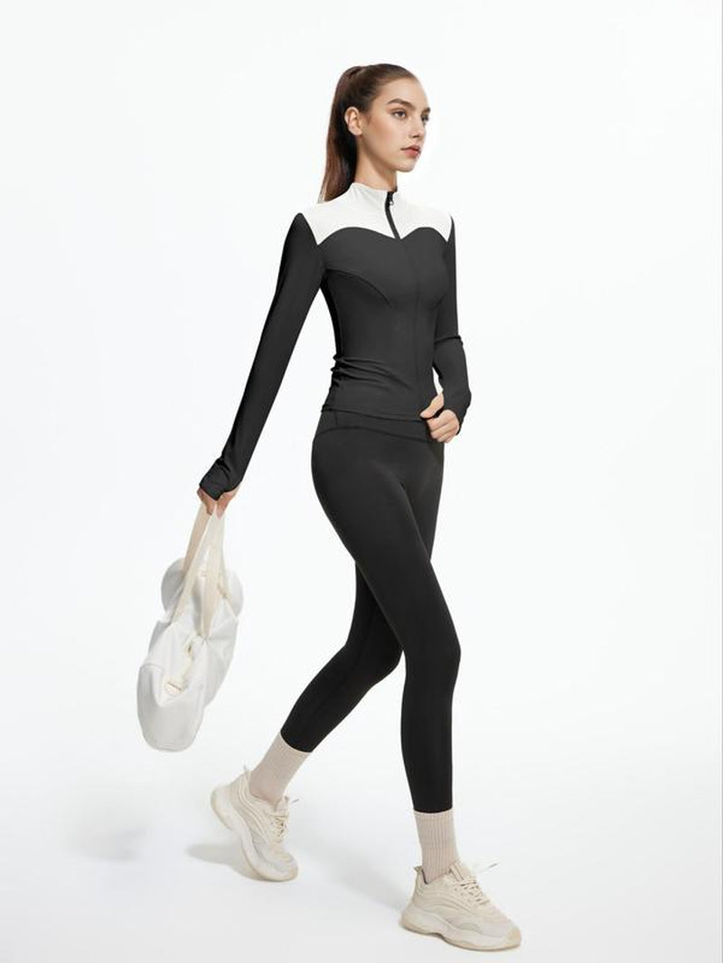 Women'S Two-Piece Solid Zip up Mock Neck Sports Jacket & High Waist Leggings Set, Sporty Breathable Quick-Drying Outfits, Tracksuit Set for Yoga, Gym Workout and Running, Valentine'S Day Gift for Girl, Ladies Sportswear for All Seasons