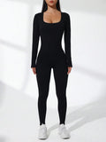 Women'S Basic Solid Long Sleeve Sports Jumpsuit, High Waist Square Neck Bodycon Jumpsuit for Yoga Gym Workout, Ladies Sportswear Clothing for All Seasons, Workout Jumpsuits