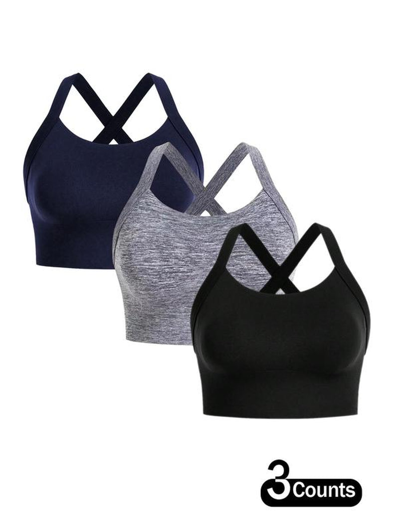 【Plus Size】 Solid Criss Cross Hook and Eye Sports Bra, Breathable Comfortable High Stretch Workout Bras for Yoga Gym Workout, Women'S Sport & Outdoor Clothing for All Seasons, Solid Textured Bra