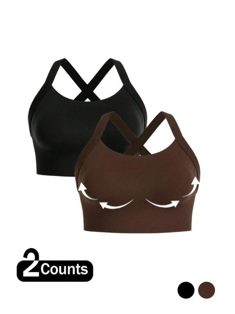 【Plus Size】 Solid Criss Cross Hook and Eye Sports Bra, Breathable Comfortable High Stretch Workout Bras for Yoga Gym Workout, Women'S Sport & Outdoor Clothing for All Seasons, Solid Textured Bra