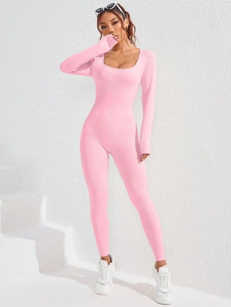 Women'S Basic Solid Long Sleeve Sports Jumpsuit, High Waist Square Neck Bodycon Jumpsuit for Yoga Gym Workout, Ladies Sportswear Clothing for All Seasons, Workout Jumpsuits