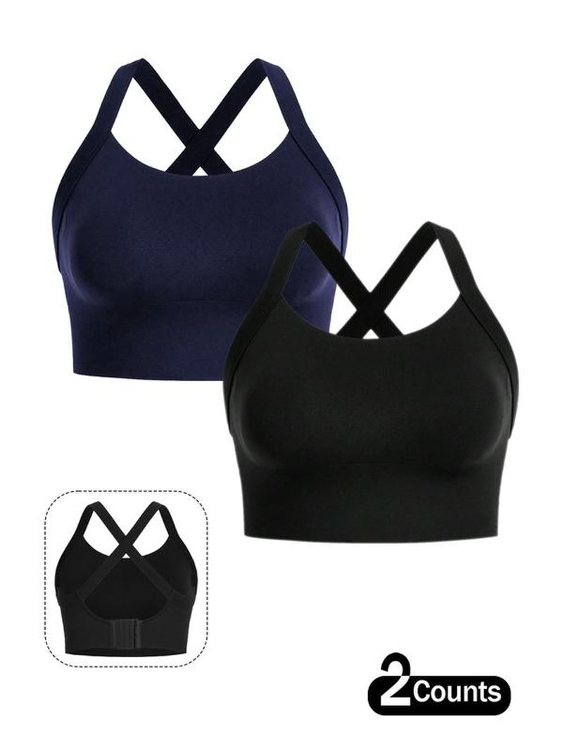 【Plus Size】 Solid Criss Cross Hook and Eye Sports Bra, Breathable Comfortable High Stretch Workout Bras for Yoga Gym Workout, Women'S Sport & Outdoor Clothing for All Seasons, Solid Textured Bra
